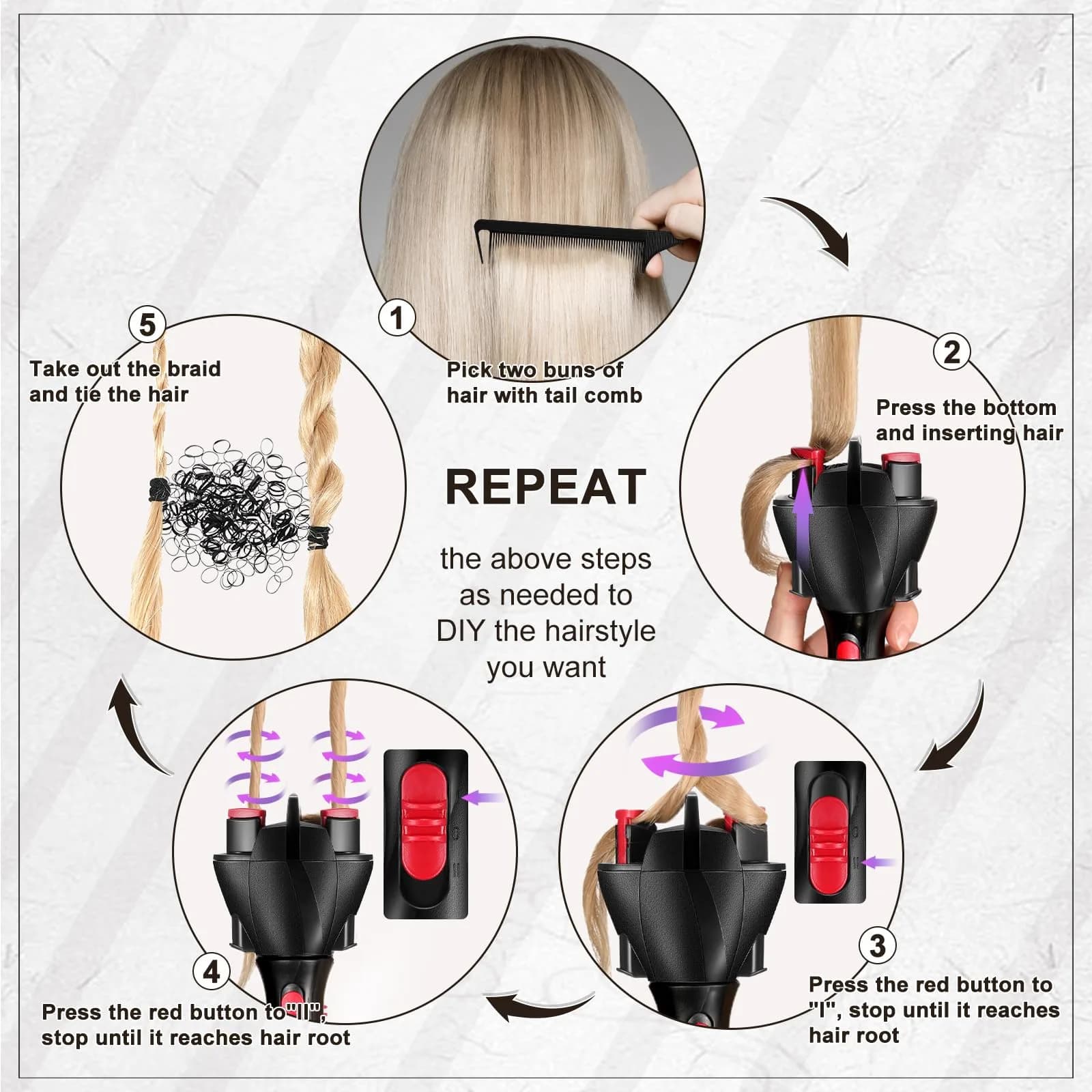 Honoson 7 Pcs Hair Braider Twister Machine with Comb Clips | Automatic Hair Styling Tool for Effortless Braiding