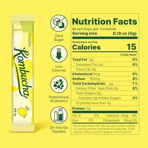 TEAZEN Lemon Kombucha Powder | Hydration Drink Mix, Sugar Free, Live Probiotics & Prebiotics, 30 Packets, 5.29oz thumbnail 5