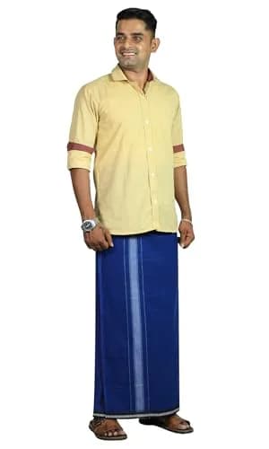 Prakasam Cotton Men's Kerala Thalapathi Border Dhoti with Welcro Pocket - Blue, Free Size (280mm x 220mm x 20mm) | Imported Cotton Apparel thumbnail 4