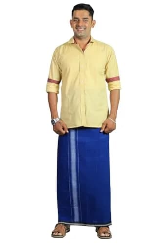 Prakasam Cotton Men's Kerala Thalapathi Border Dhoti with Welcro Pocket - Blue, Free Size (280mm x 220mm x 20mm) | Imported Cotton Apparel thumbnail 5