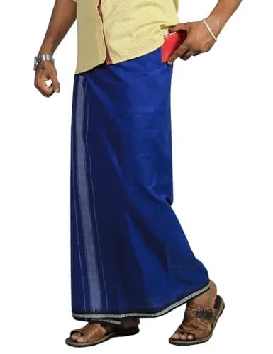 Prakasam Cotton Men's Kerala Thalapathi Border Dhoti with Welcro Pocket - Blue, Free Size (280mm x 220mm x 20mm) | Imported Cotton Apparel thumbnail 1