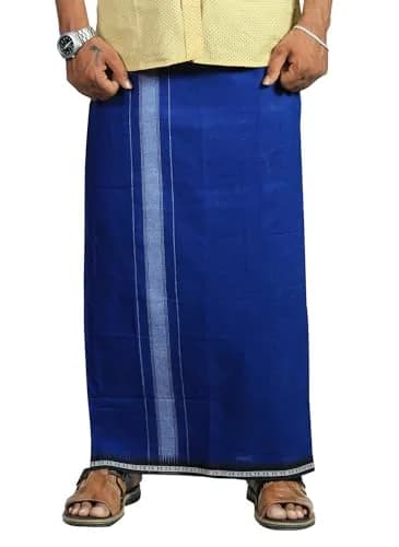 Prakasam Cotton Men's Kerala Thalapathi Border Dhoti with Welcro Pocket - Blue, Free Size (280mm x 220mm x 20mm) | Imported Cotton Apparel thumbnail 2