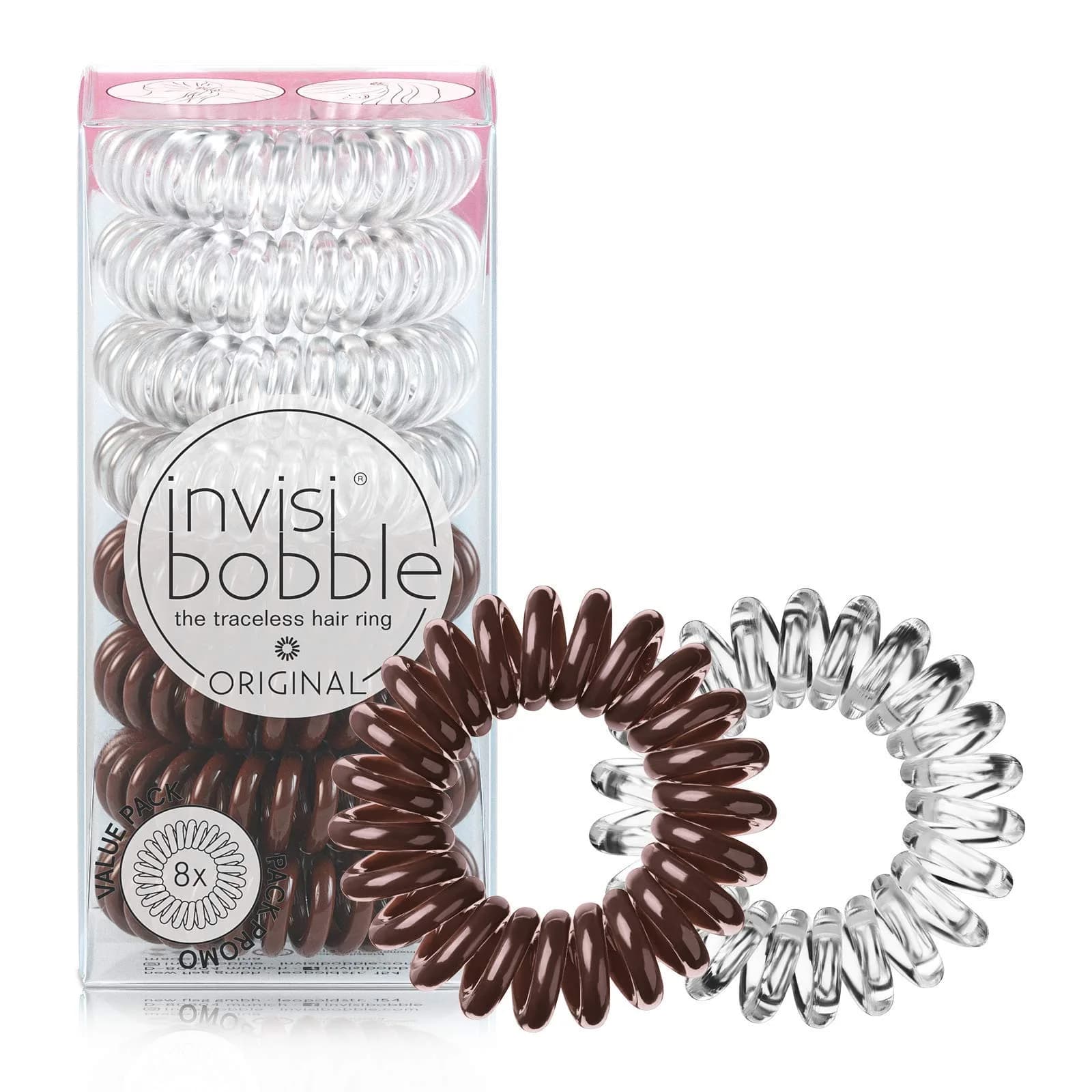 invisibobble Original Traceless Spiral Hair Ties 8 Count (Pack of 1) | Gentle Grip for All Hair Types — Crystal Clear and Pretzel Brown