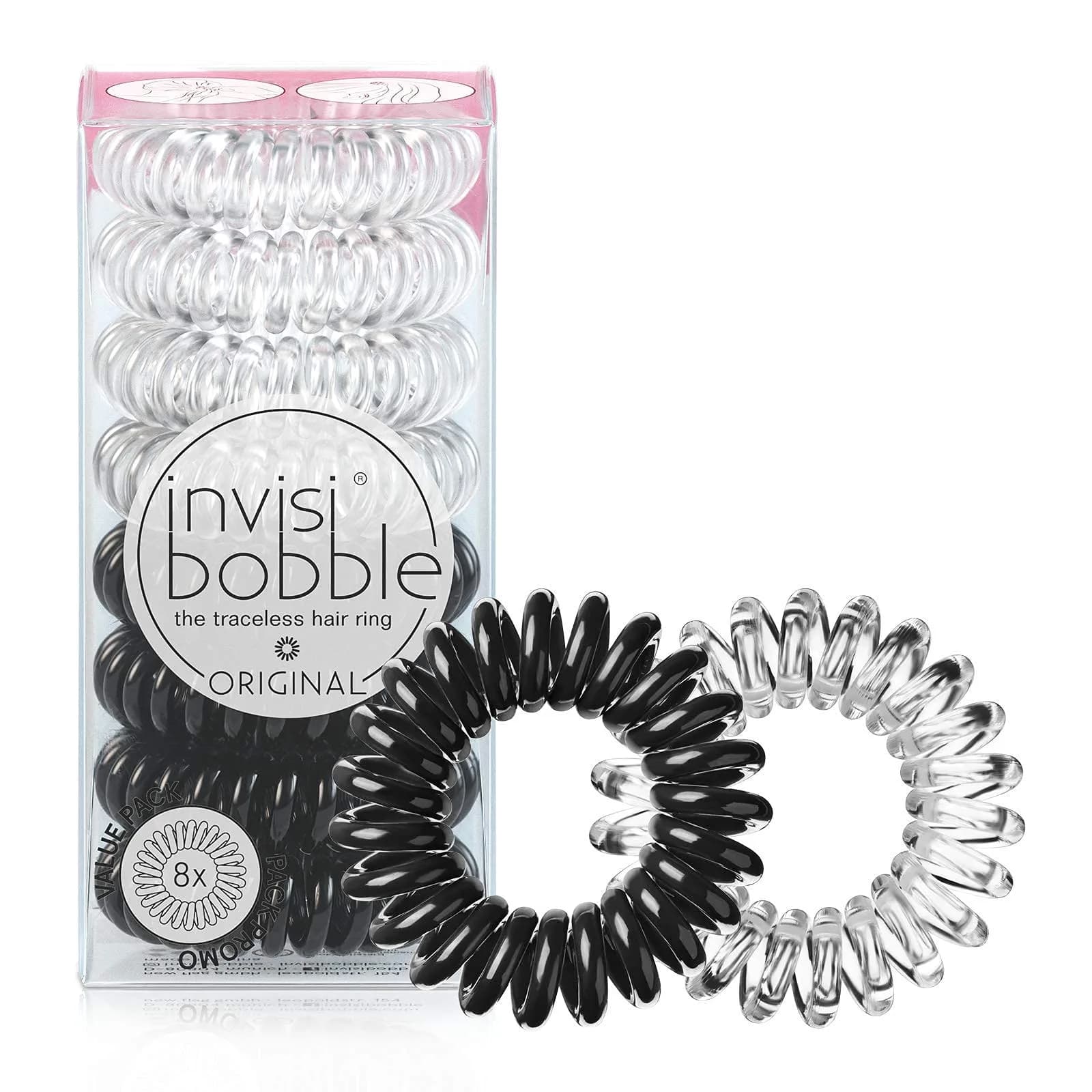 invisibobble Original Spiral Hair Ties 8 Pack | Traceless, Gentle & Strong Grip for Thick Hair — Crystal Clear and True Black