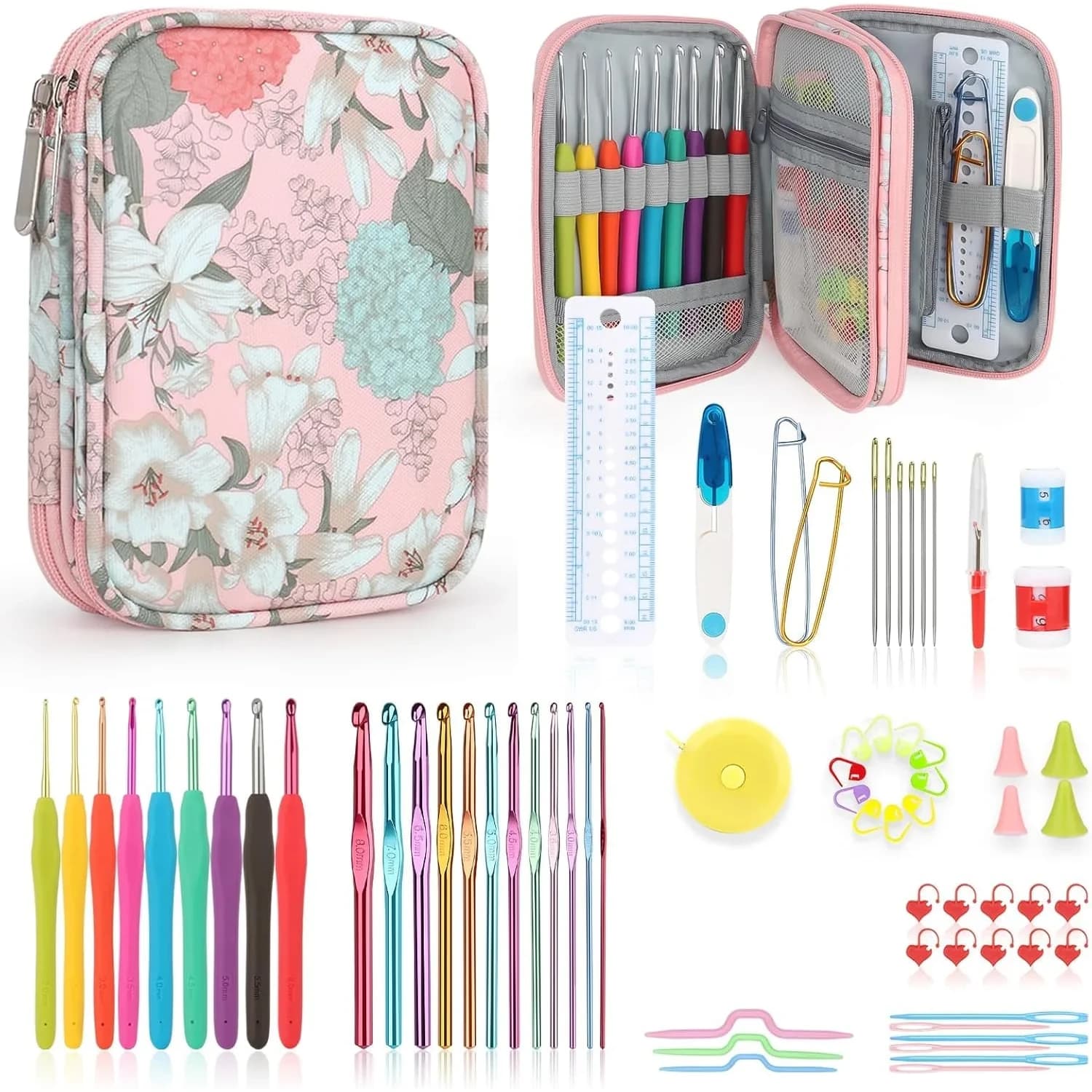 Katech Ergonomic Crochet Hooks Set with Case, 73-Piece Kit | 2.0-8.0mm Aluminum Alloy Hooks & Accessories — Flowers Pattern
