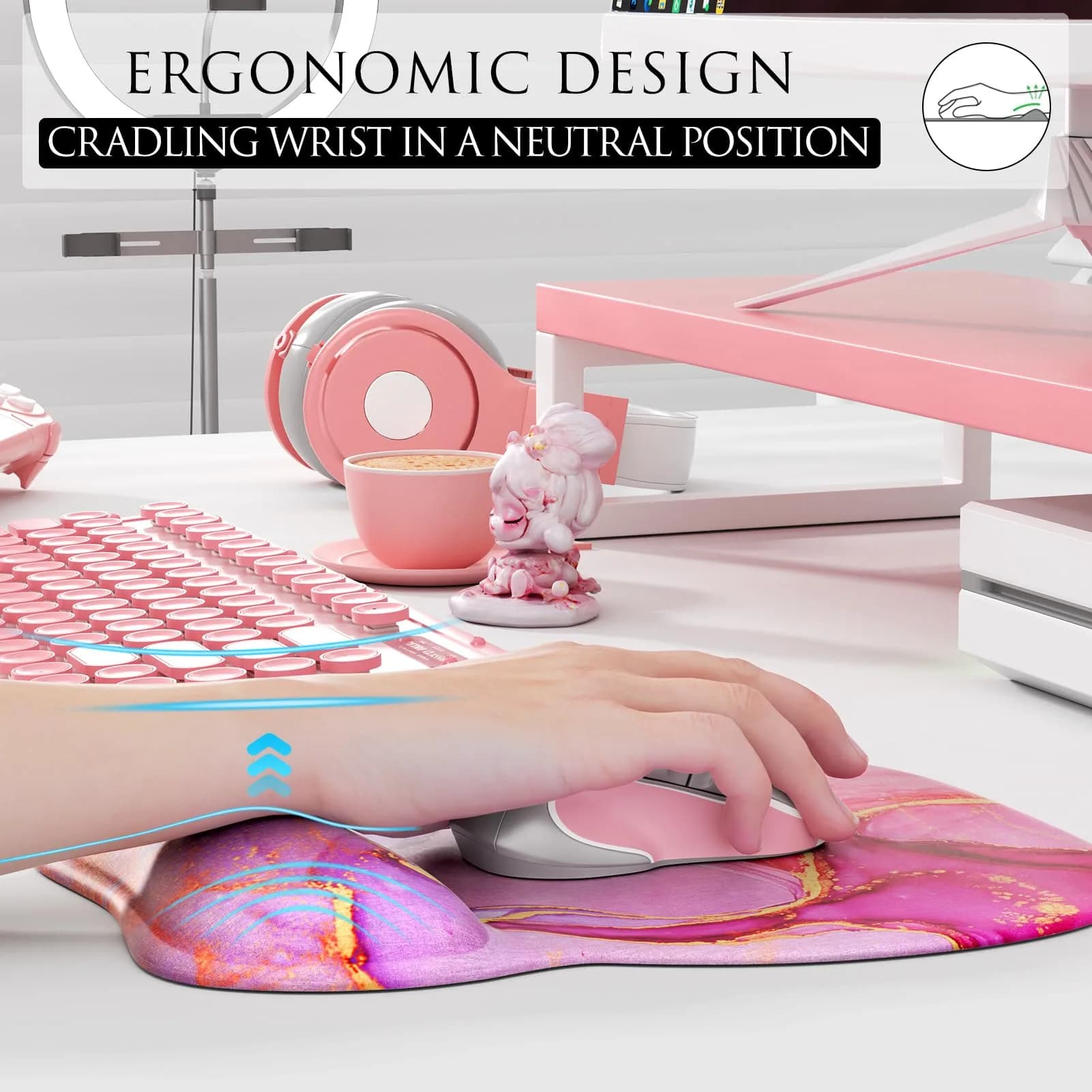 MROCO Ergonomic Mouse Pad with Gel Wrist Rest, 24cm (9.4 in) x 20.5cm (8.1 in), Pink Marble | Smooth Lycra Surface for Precise Cursor Control - view 5