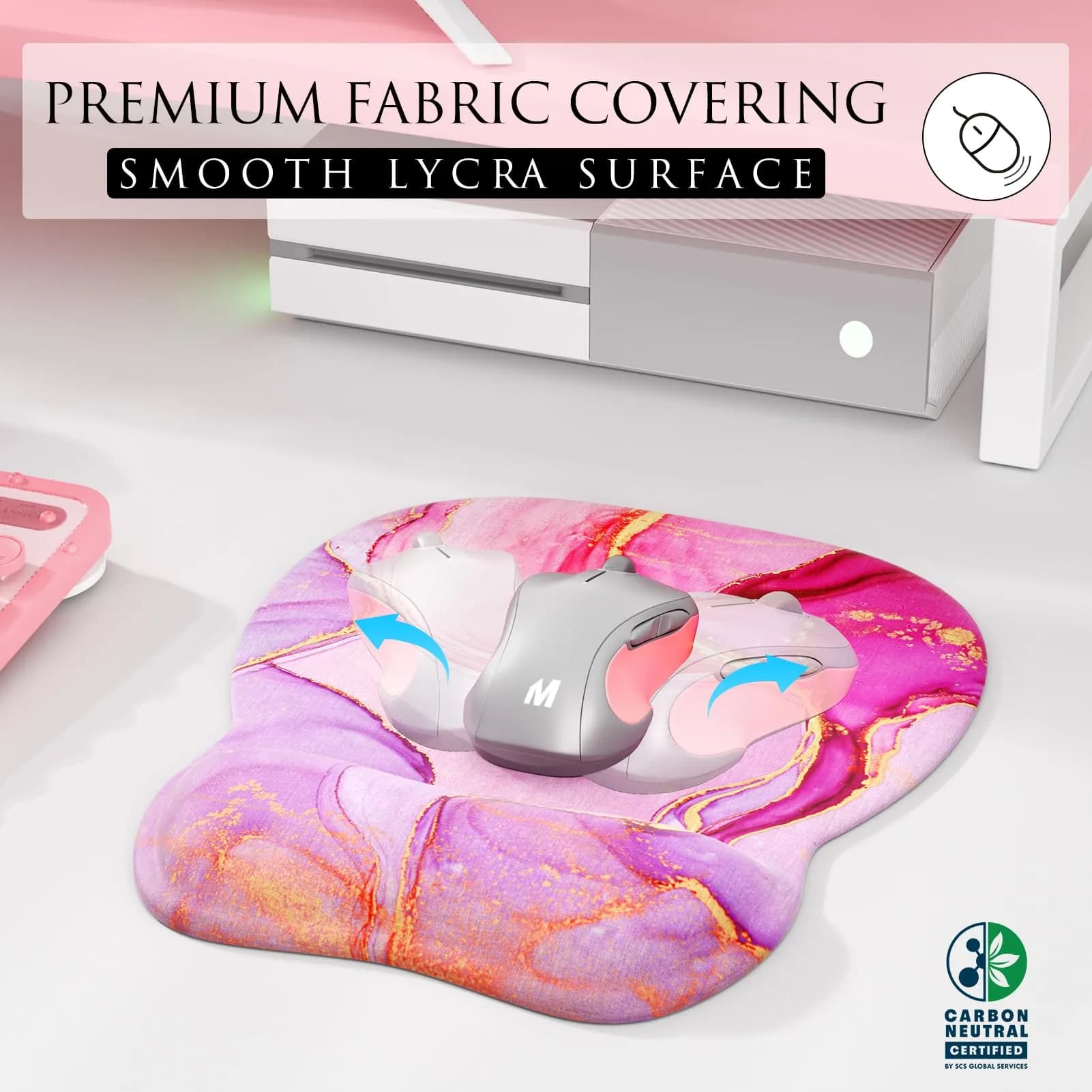 MROCO Ergonomic Mouse Pad with Gel Wrist Rest, 24cm (9.4 in) x 20.5cm (8.1 in), Pink Marble | Smooth Lycra Surface for Precise Cursor Control - view 2