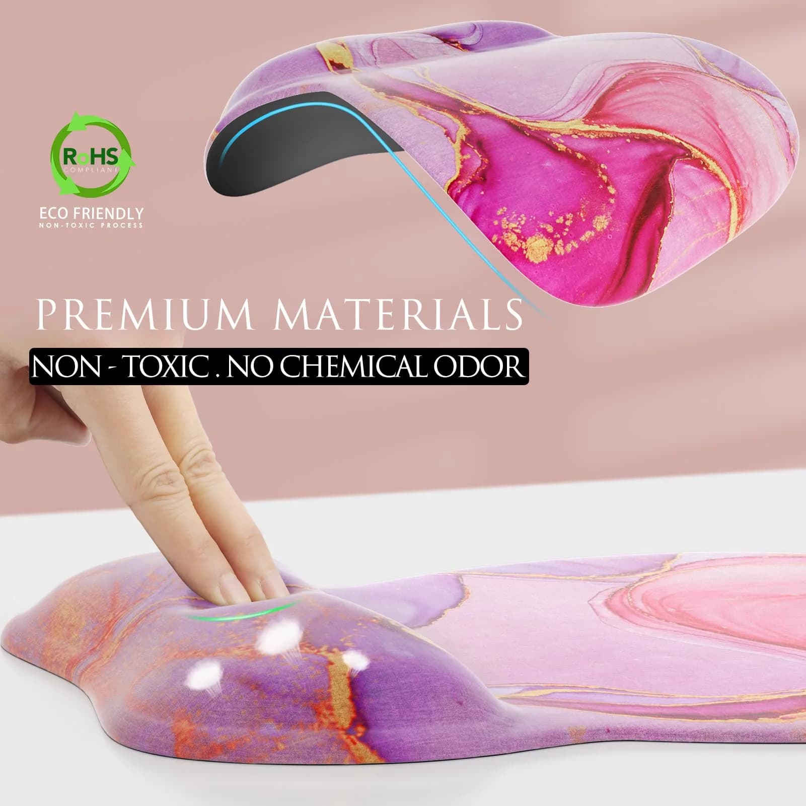 MROCO Ergonomic Mouse Pad with Gel Wrist Rest, 24cm (9.4 in) x 20.5cm (8.1 in), Pink Marble | Smooth Lycra Surface for Precise Cursor Control - view 3