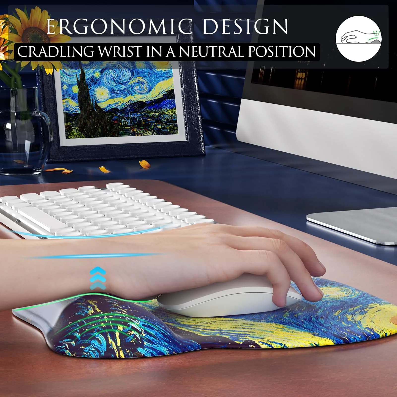 MROCO Ergonomic Mouse Pad with Gel Wrist Rest, 24cm x 20.5cm (9.4 x 8.1 in) | Starry Night Pattern - view 5