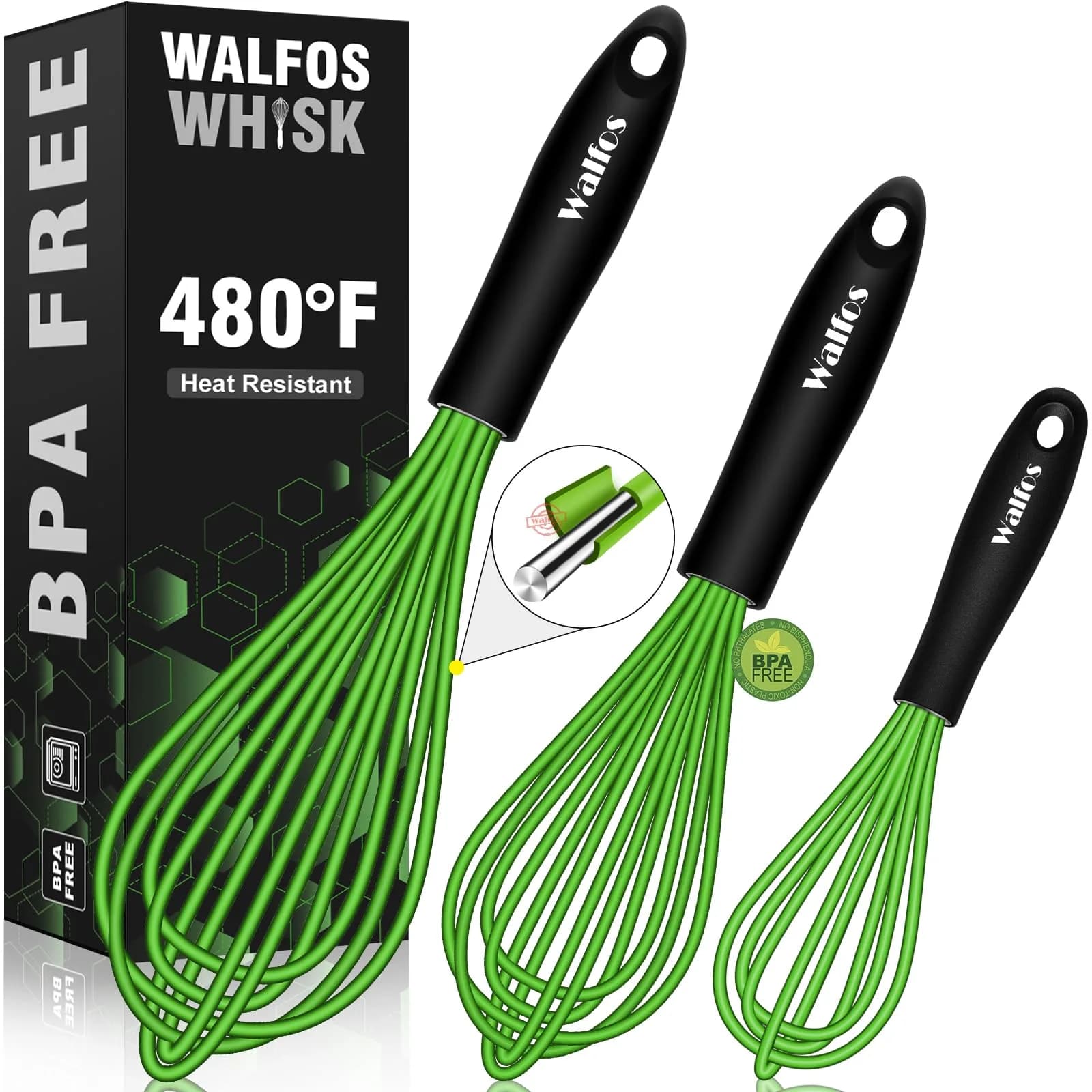 Walfos 7"+9"+11" Green Stainless Steel Balloon Whisk Set - 3-Piece Heavy Duty Egg Frother - main product image