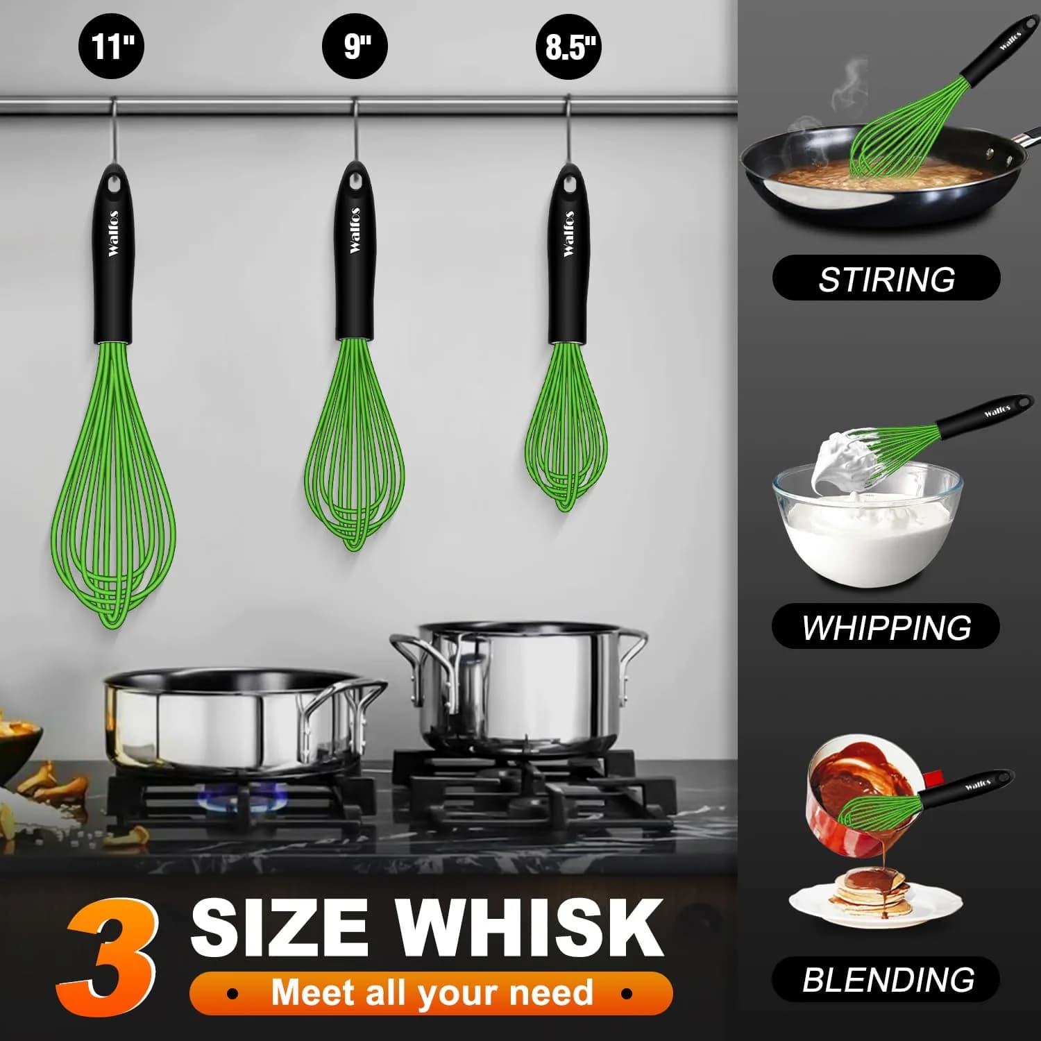 Walfos 7"+9"+11" Green Stainless Steel Balloon Whisk Set - 3-Piece Heavy Duty Egg Frother - view 2