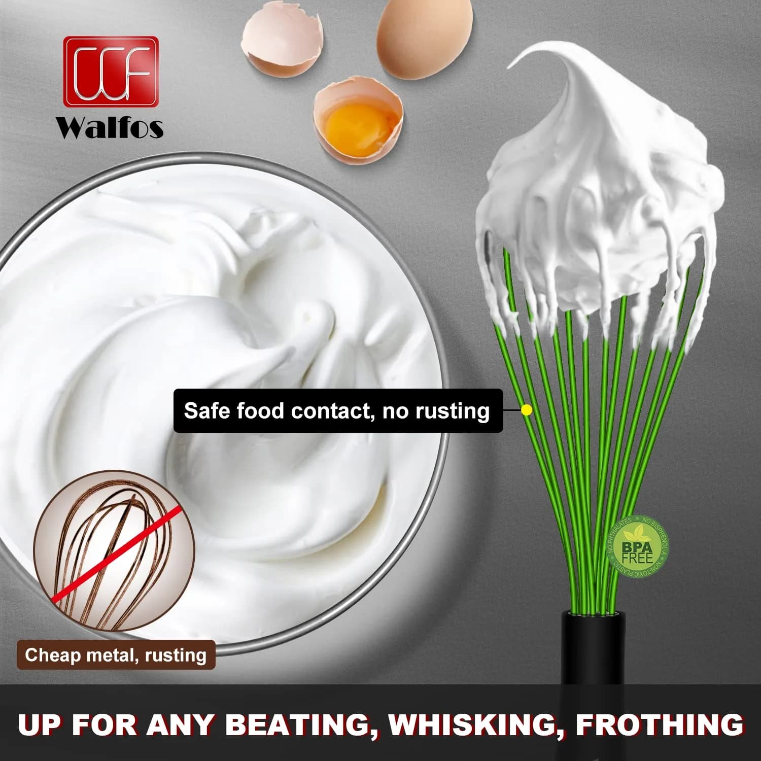 Walfos 7"+9"+11" Green Stainless Steel Balloon Whisk Set - 3-Piece Heavy Duty Egg Frother - view 3