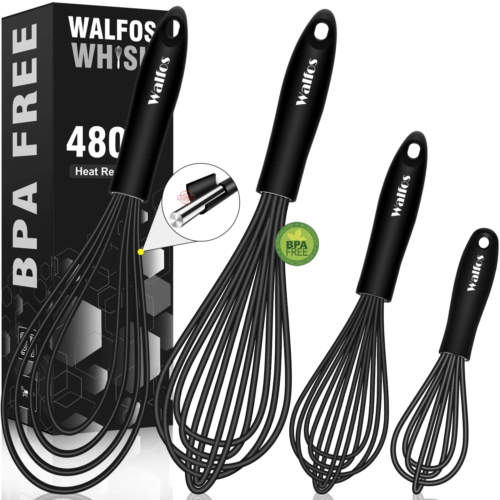 Walfos 7"+9"+11"+11" Balloon Whisk Set in Black - 3-Piece Heavy Duty Egg Frother - main product image