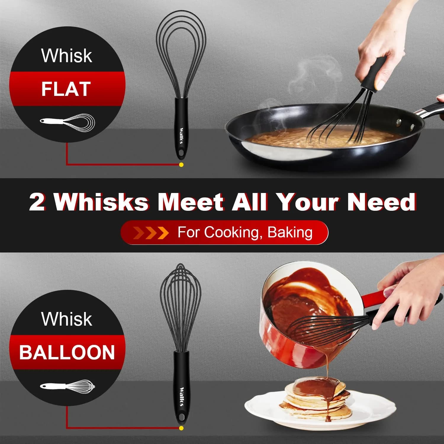 Walfos 7"+9"+11"+11" Balloon Whisk Set in Black - 3-Piece Heavy Duty Egg Frother - view 2