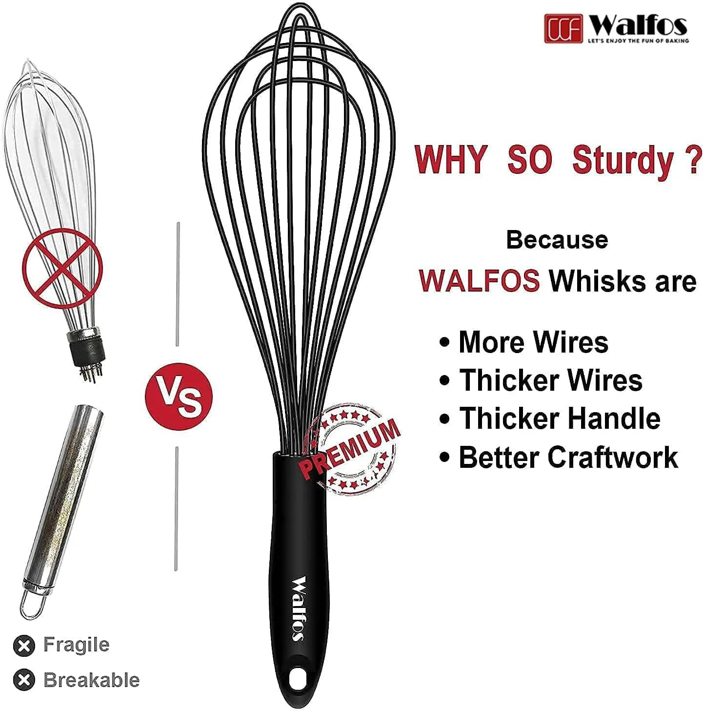 Walfos 7"+9"+11"+11" Balloon Whisk Set in Black - 3-Piece Heavy Duty Egg Frother - view 4