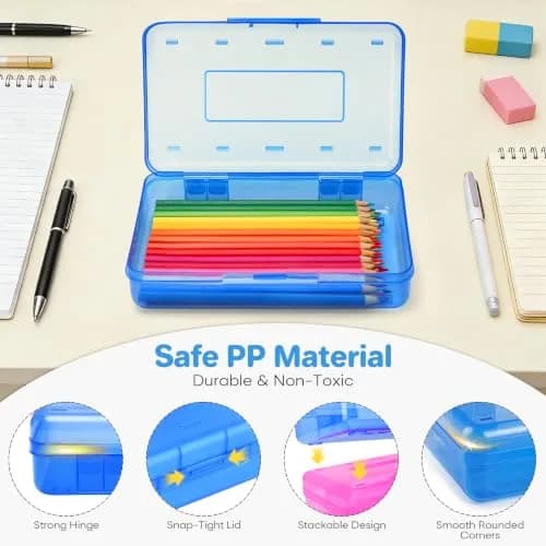 Nuozme Plastic Hard Clear Color Pencil Box Case for Kids | Transparent, Stackable & Durable Storage (8.2" x 4.6" x 2.3") thumbnail 5