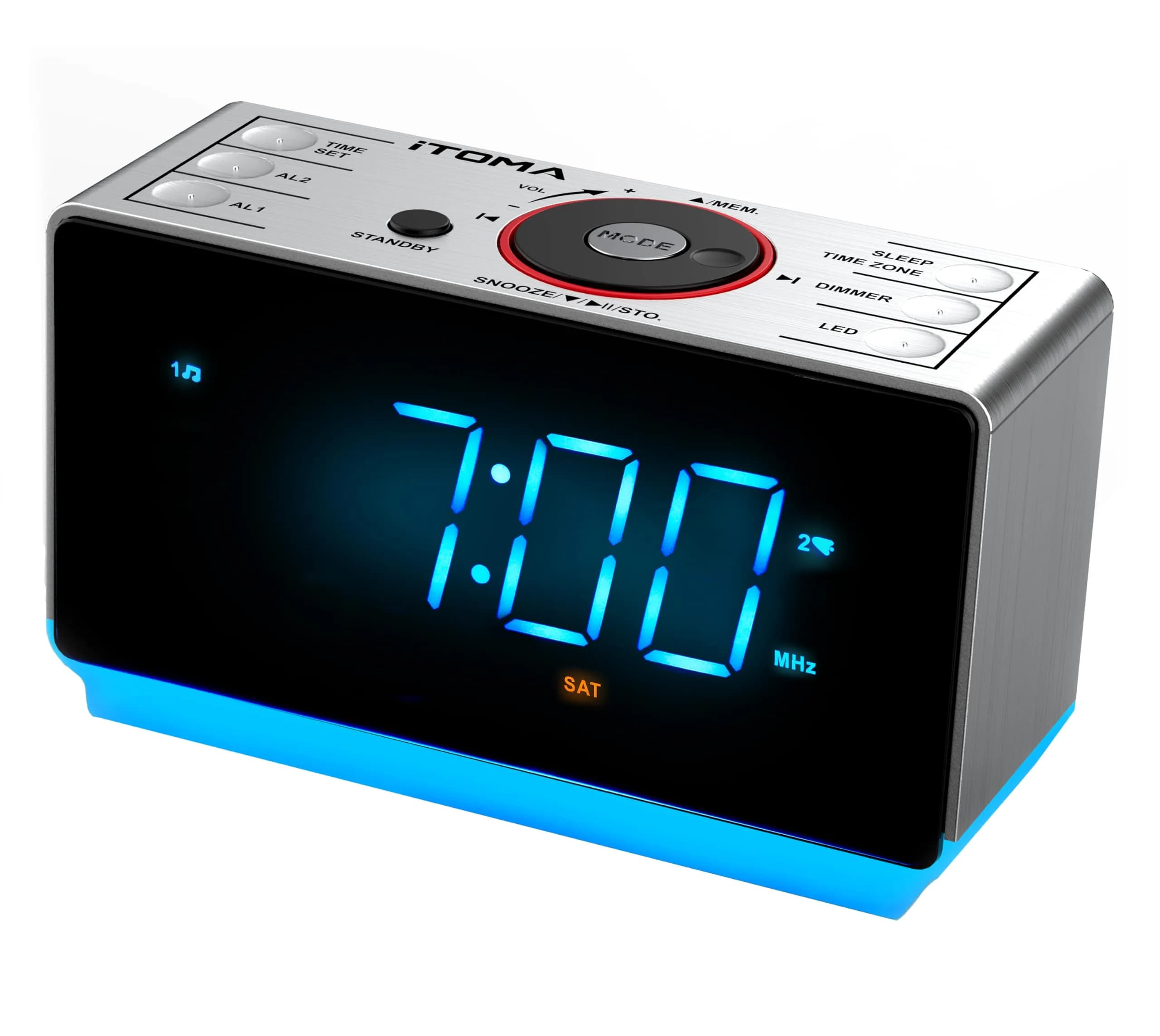 iTOMA Alarm Clock Radio with Bluetooth, FM Radio & Dual Alarm | Large 1.4-inch LED Display, USB Charging, Sleep Timer — Ice Blue Led Display