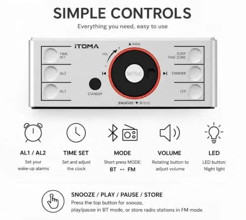 iTOMA Alarm Clock Radio with Bluetooth, FM Radio & Dual Alarm | Large 1.4-inch LED Display, USB Charging, Sleep Timer thumbnail 7