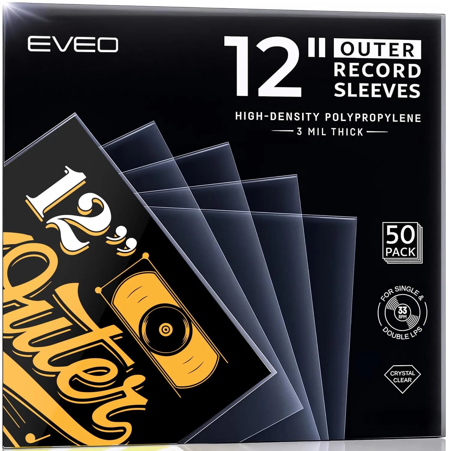 EVEO Outer Vinyl Record Sleeves 12.75"x12.75" (50-Pack) | 3 Mil Archival Quality Protection for LPs - main product image