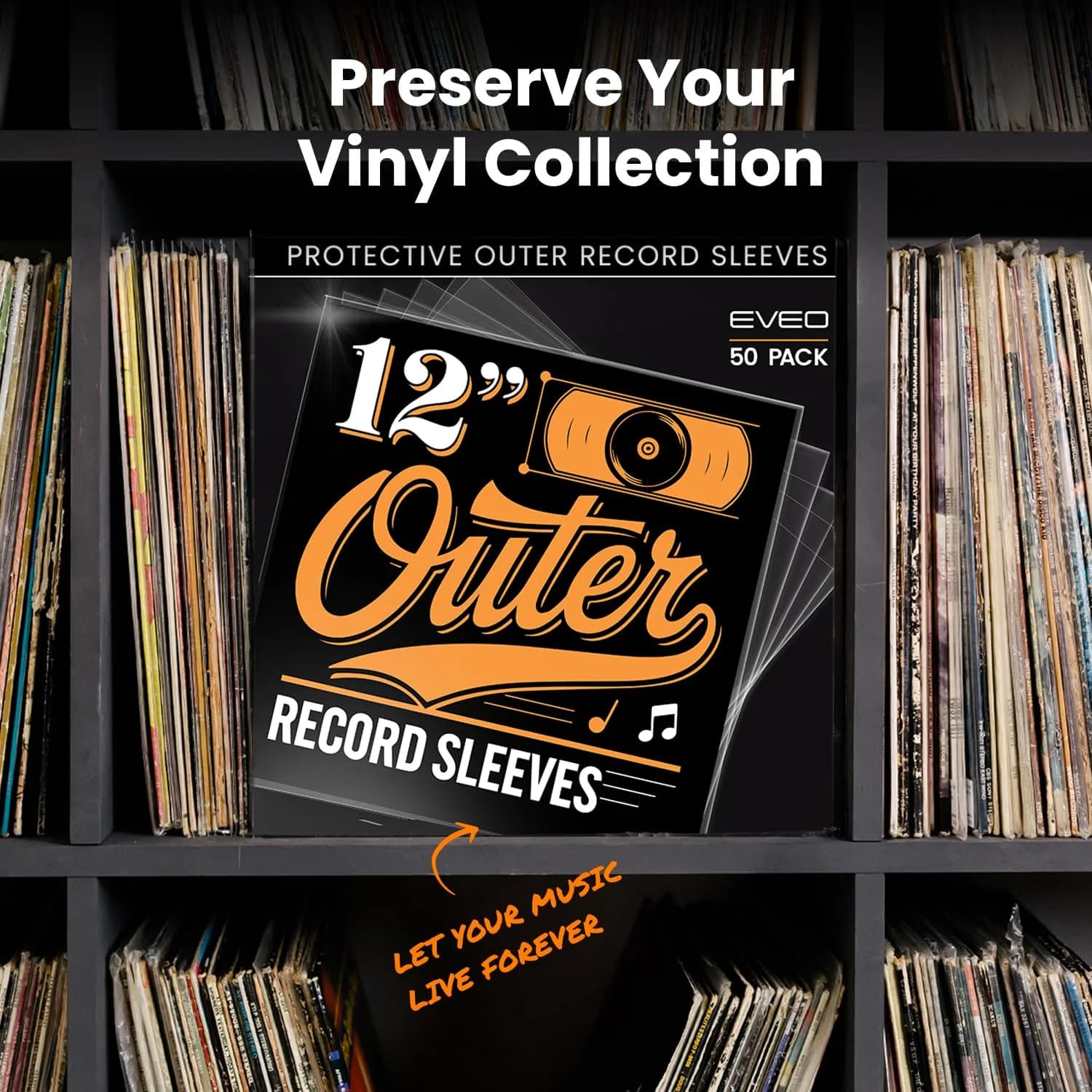 EVEO Outer Vinyl Record Sleeves 12.75"x12.75" (50-Pack) | 3 Mil Archival Quality Protection for LPs - view 7