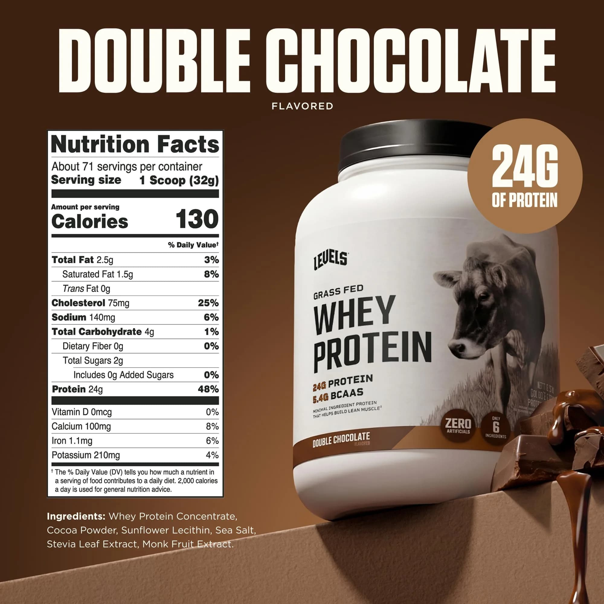 Levels Nutrition Double Chocolate Grass Fed Whey Protein Powder | 24G Protein, 5LB thumbnail 3