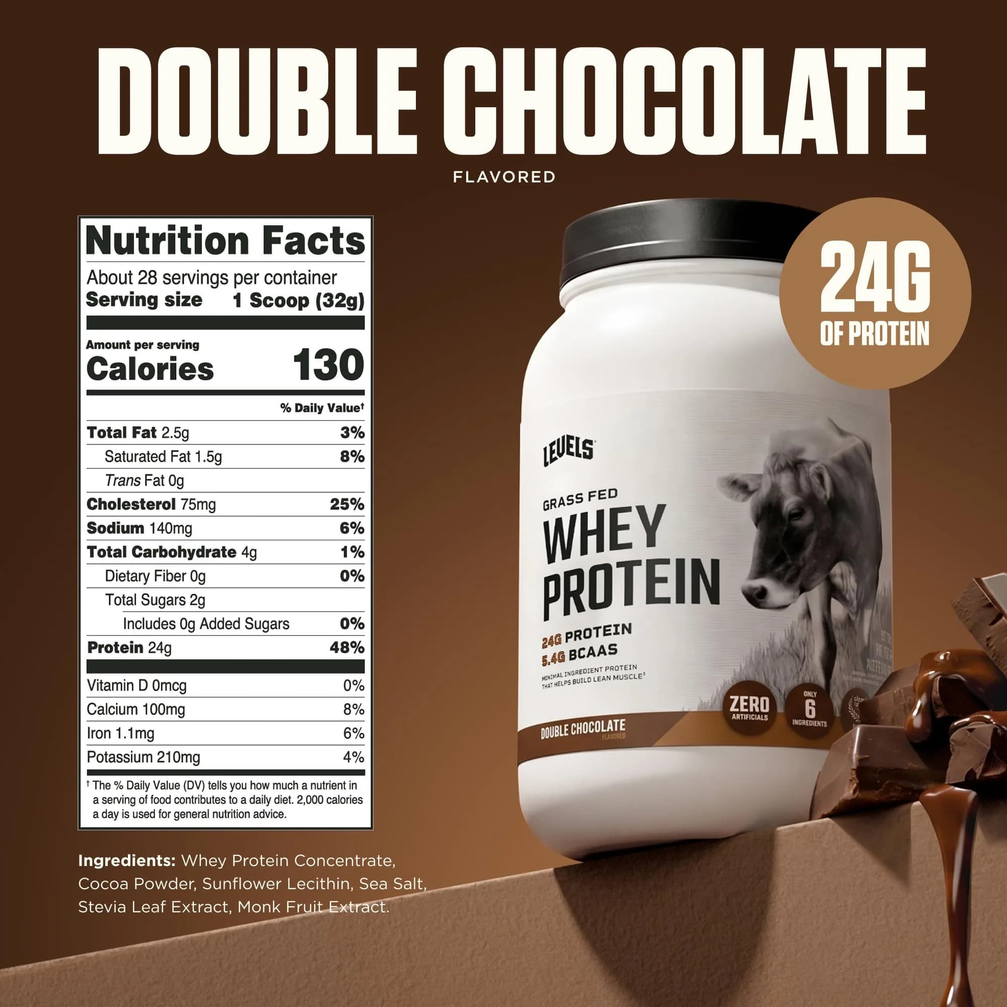Levels Grass Fed Whey Protein Powder Double Chocolate 2LB (907g) | High Protein Supplement Powder - view 3