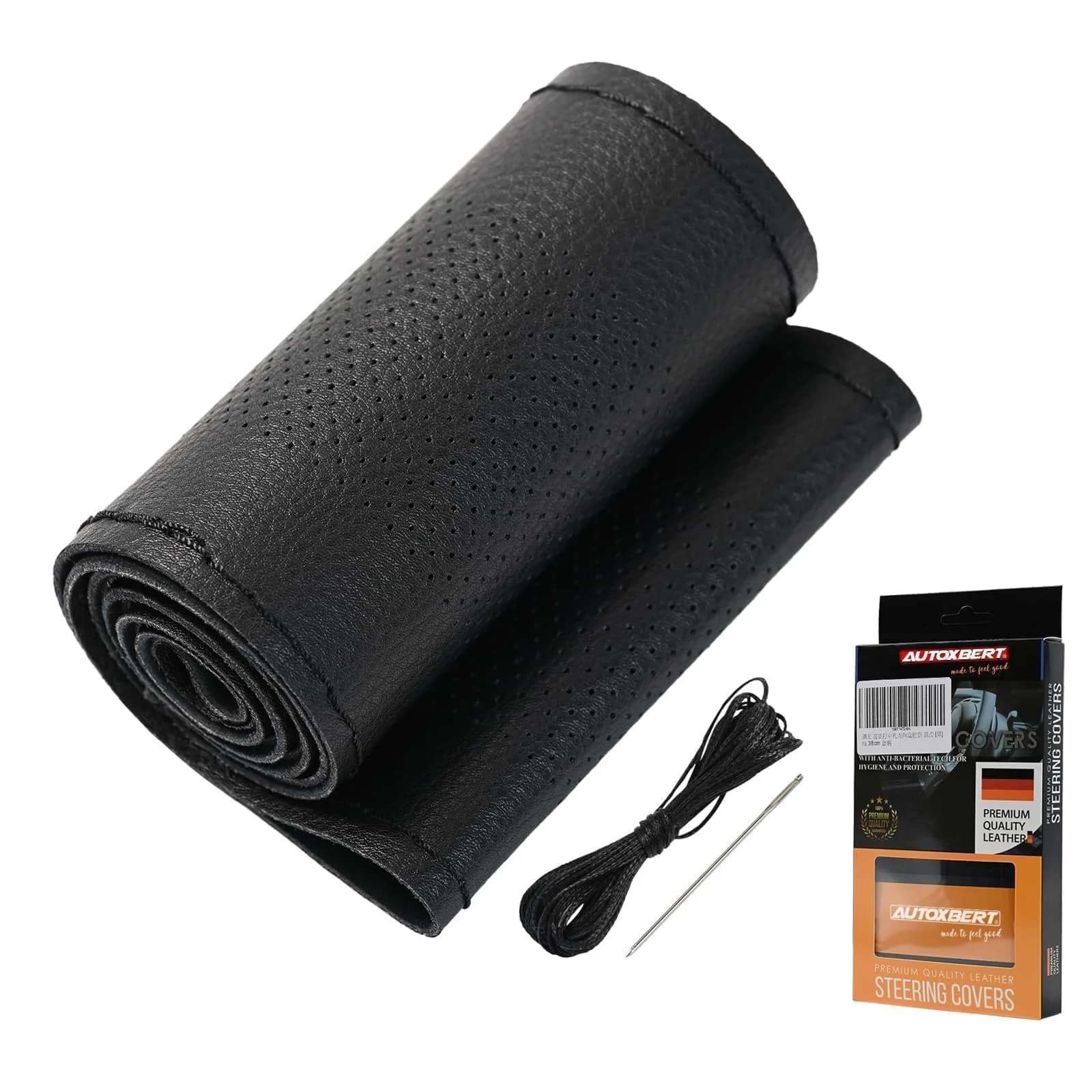 AUTOXBERT Genuine Leather Steering Wheel Cover 38cm (15 Inch) | Hand-Sewn Wrap for Enhanced Grip - main product image