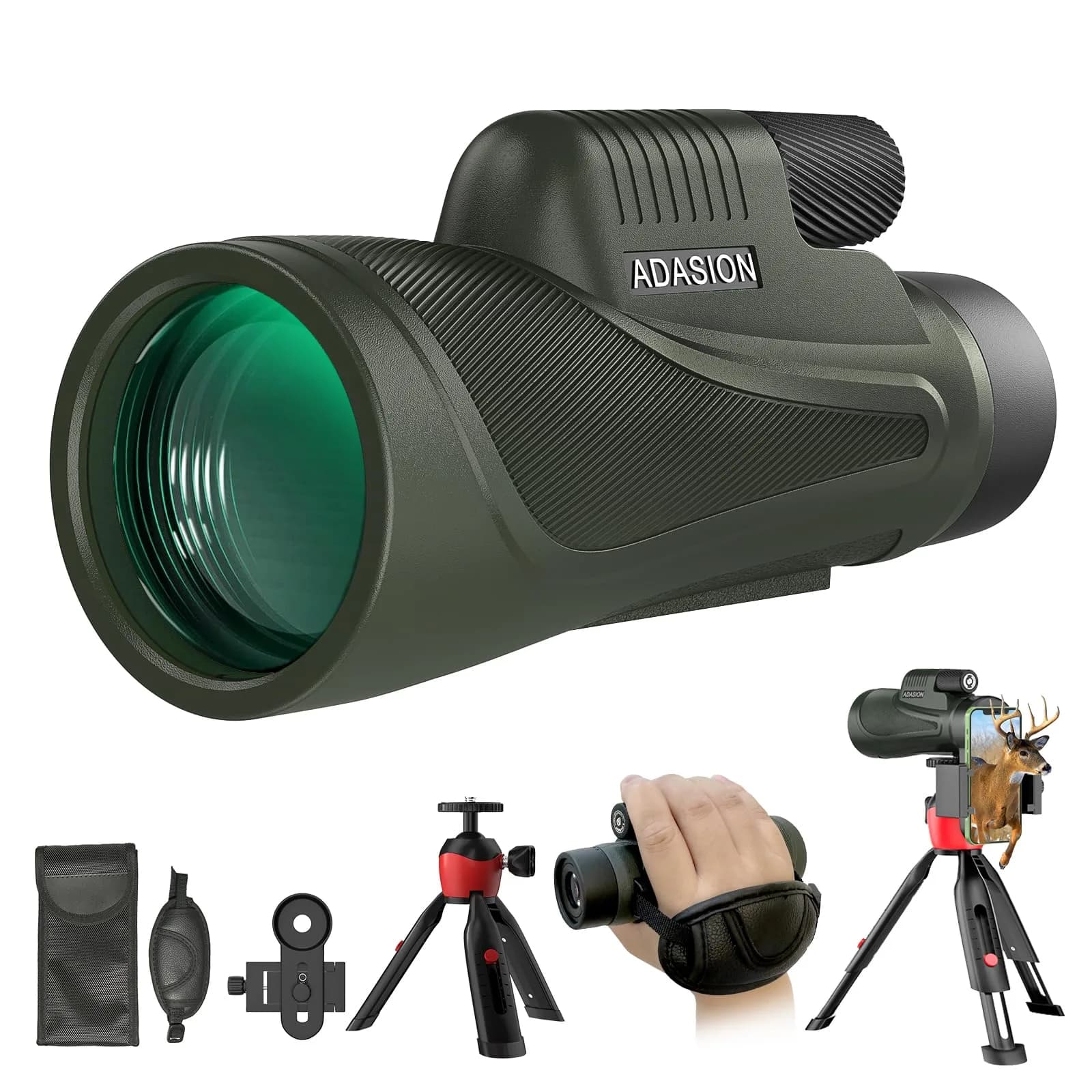 Adasion 12x56 Monocular for Adults | High Powered, Phone Adapter & Tripod for Bird Watching & Outdoor Use — 12x56 Green