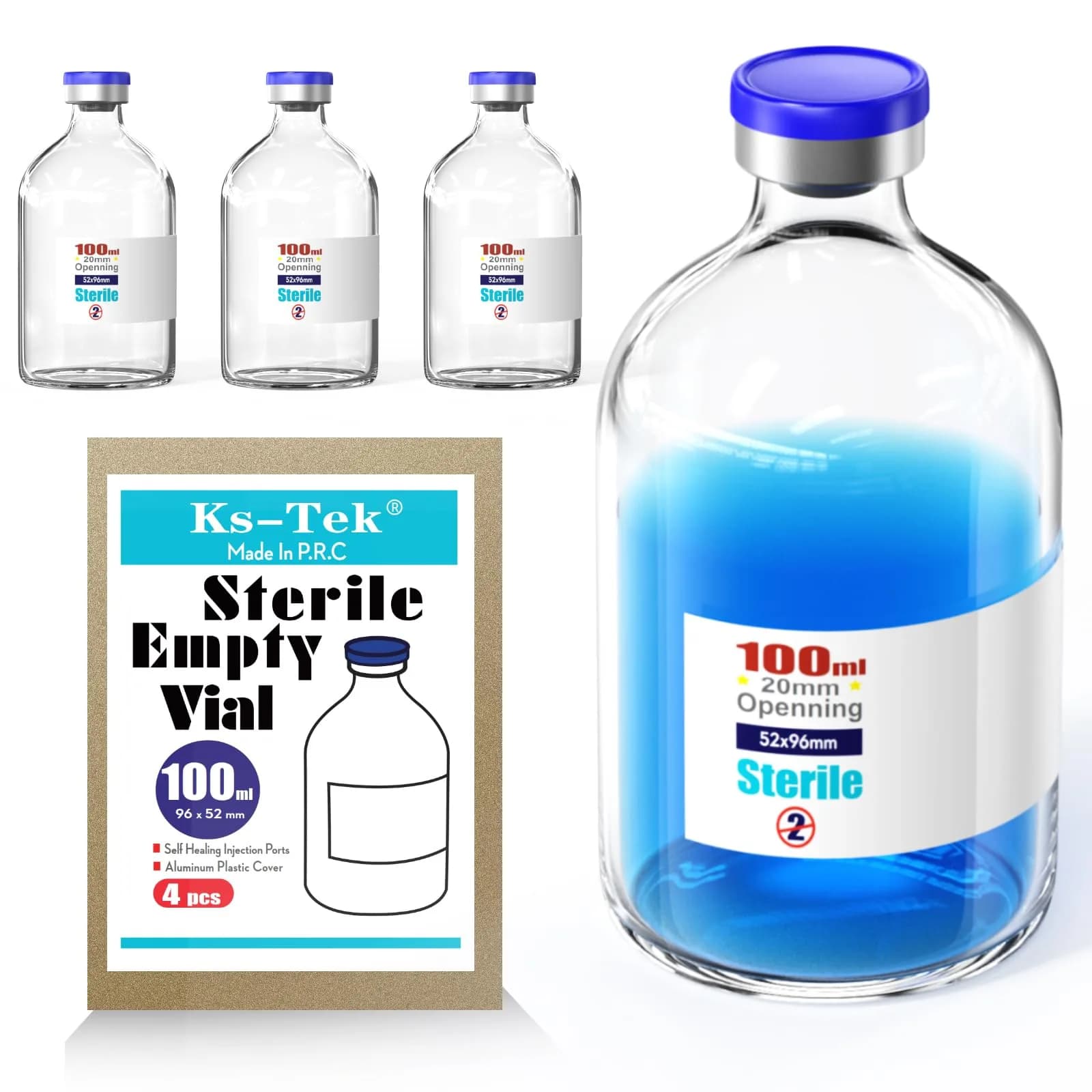 Ks-Tek Sterile Empty Vials with Self-Healing Injection Port 100ml (4-Pack) - main product image