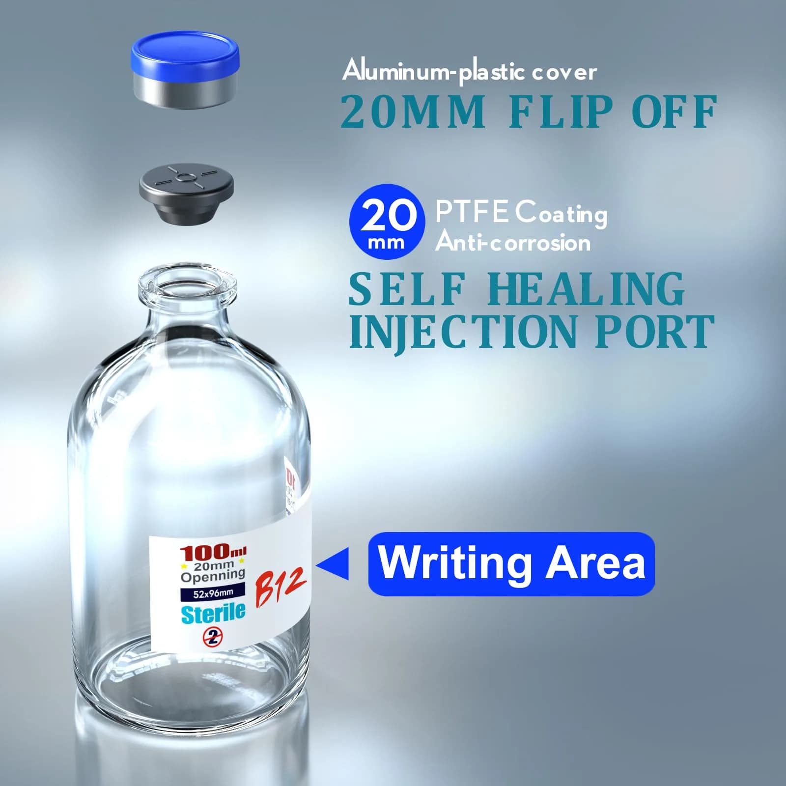 Ks-Tek Sterile Empty Vials with Self-Healing Injection Port 100ml (4-Pack) - view 3