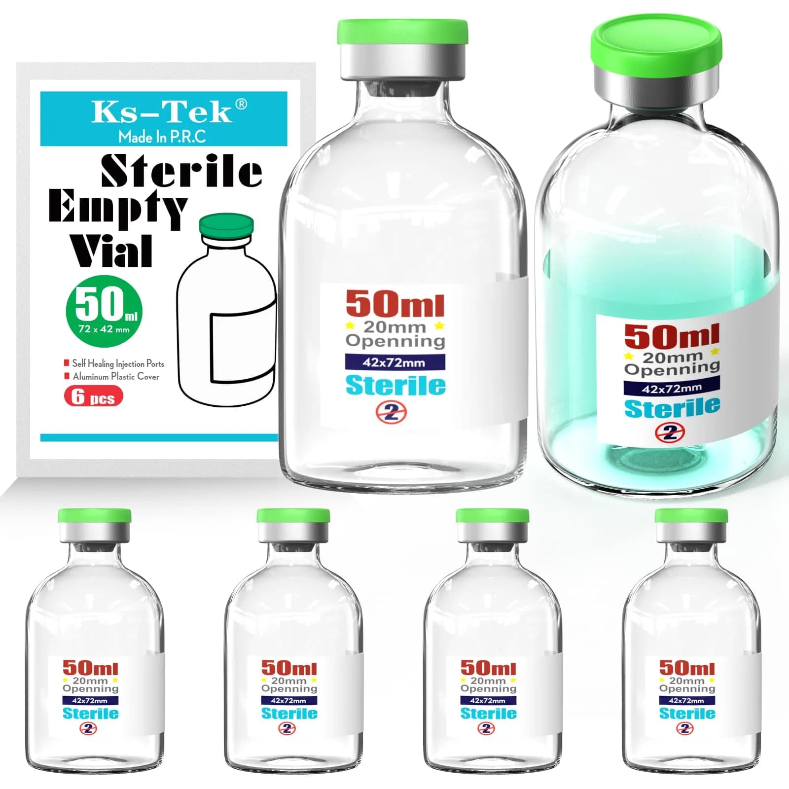Ks-Tek Sterile Glass Vials 50ml (6-Pack) | Self-Healing Injection Port & Flip-Off Cap - main product image