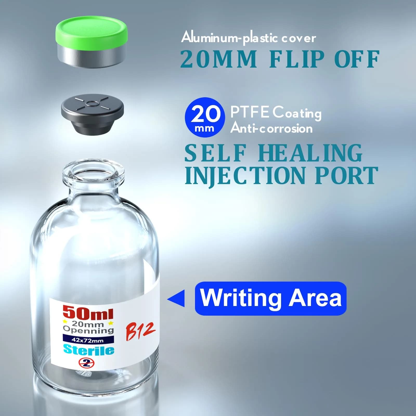 Ks-Tek Sterile Glass Vials 50ml (6-Pack) | Self-Healing Injection Port & Flip-Off Cap - view 3