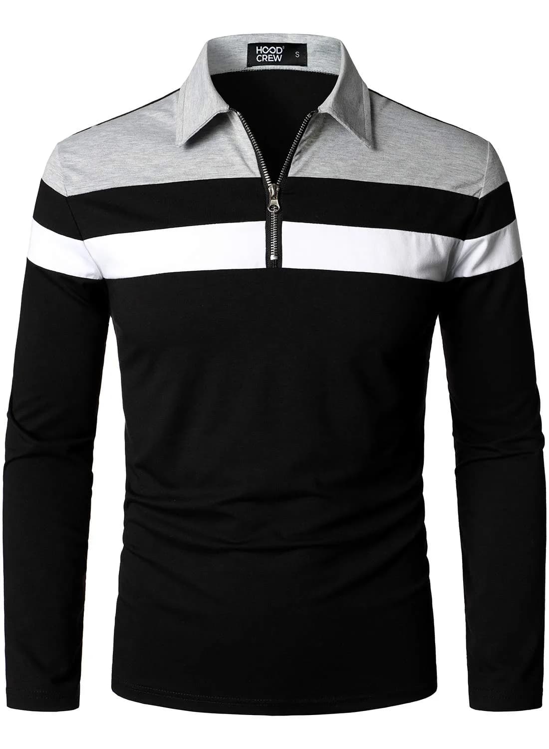 HOOD CREW Men’s Long Sleeve Polo Shirt Casual Slim Fit Contrast Color Patchwork Cotton Top Black XXL | Comfortable, breathable, stylish