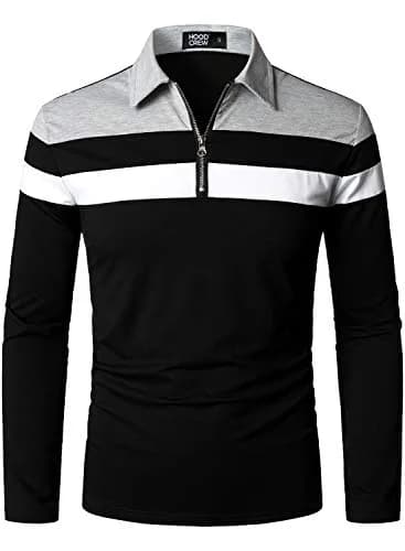 HOOD CREW Men’s Long Sleeve Polo Shirt Casual Slim Fit Contrast Color Patchwork Cotton Top Black XXL | Comfortable, breathable, stylish thumbnail 1