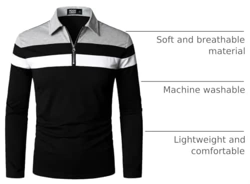 HOOD CREW Men’s Long Sleeve Polo Shirt Casual Slim Fit Contrast Color Patchwork Cotton Top Black XXL | Comfortable, breathable, stylish thumbnail 4