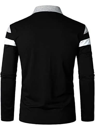 HOOD CREW Men’s Long Sleeve Polo Shirt Casual Slim Fit Contrast Color Patchwork Cotton Top Black XXL | Comfortable, breathable, stylish thumbnail 5
