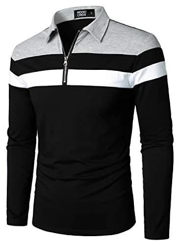 HOOD CREW Men’s Long Sleeve Polo Shirt Casual Slim Fit Contrast Color Patchwork Cotton Top Black XXL | Comfortable, breathable, stylish thumbnail 3