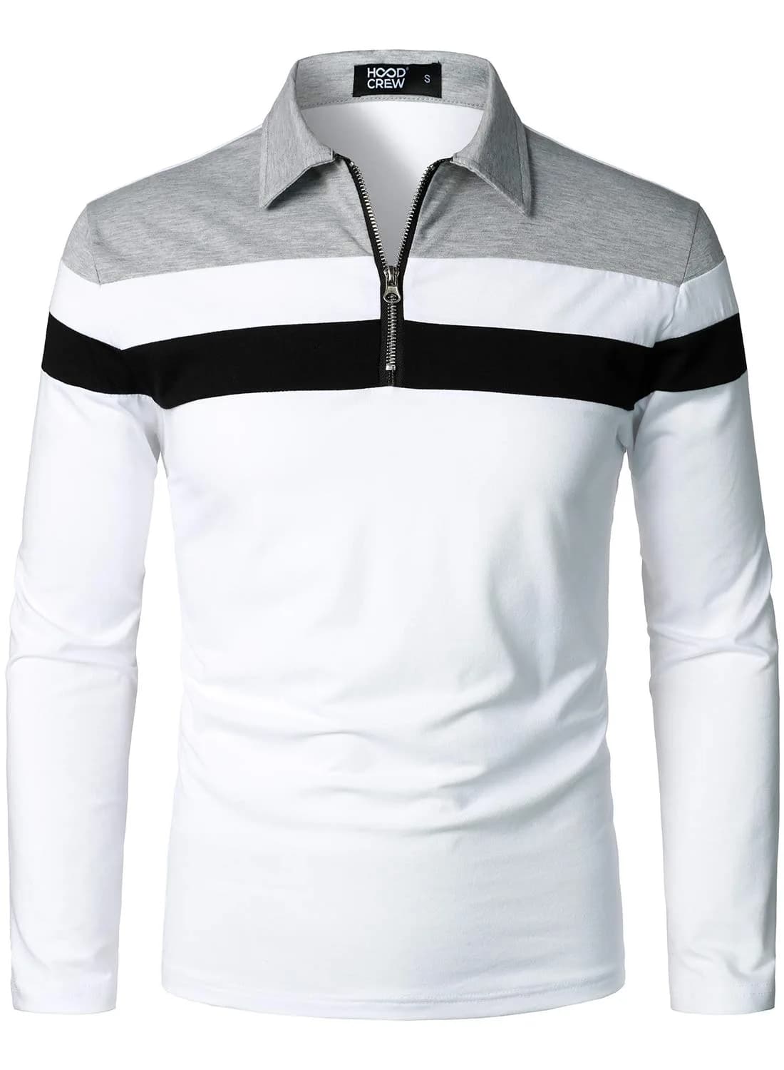 HOOD CREW Men’s Long Sleeve Polo Shirt Casual Slim Fit White | Cotton Comfort & Style — Medium