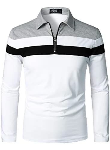 HOOD CREW Men’s Long Sleeve Polo Shirt Casual Slim Fit White | Cotton Comfort & Style thumbnail 1