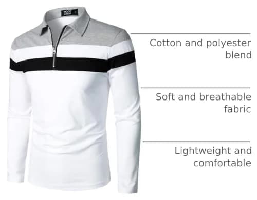 HOOD CREW Men’s Long Sleeve Polo Shirt White XL | Slim Fit Casual Cotton Top thumbnail 4