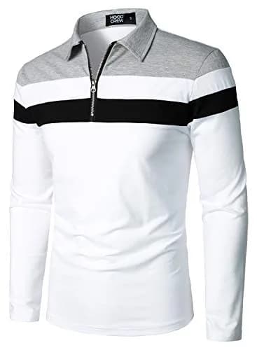 HOOD CREW Men’s Long Sleeve Polo Shirt White XL | Slim Fit Casual Cotton Top thumbnail 2