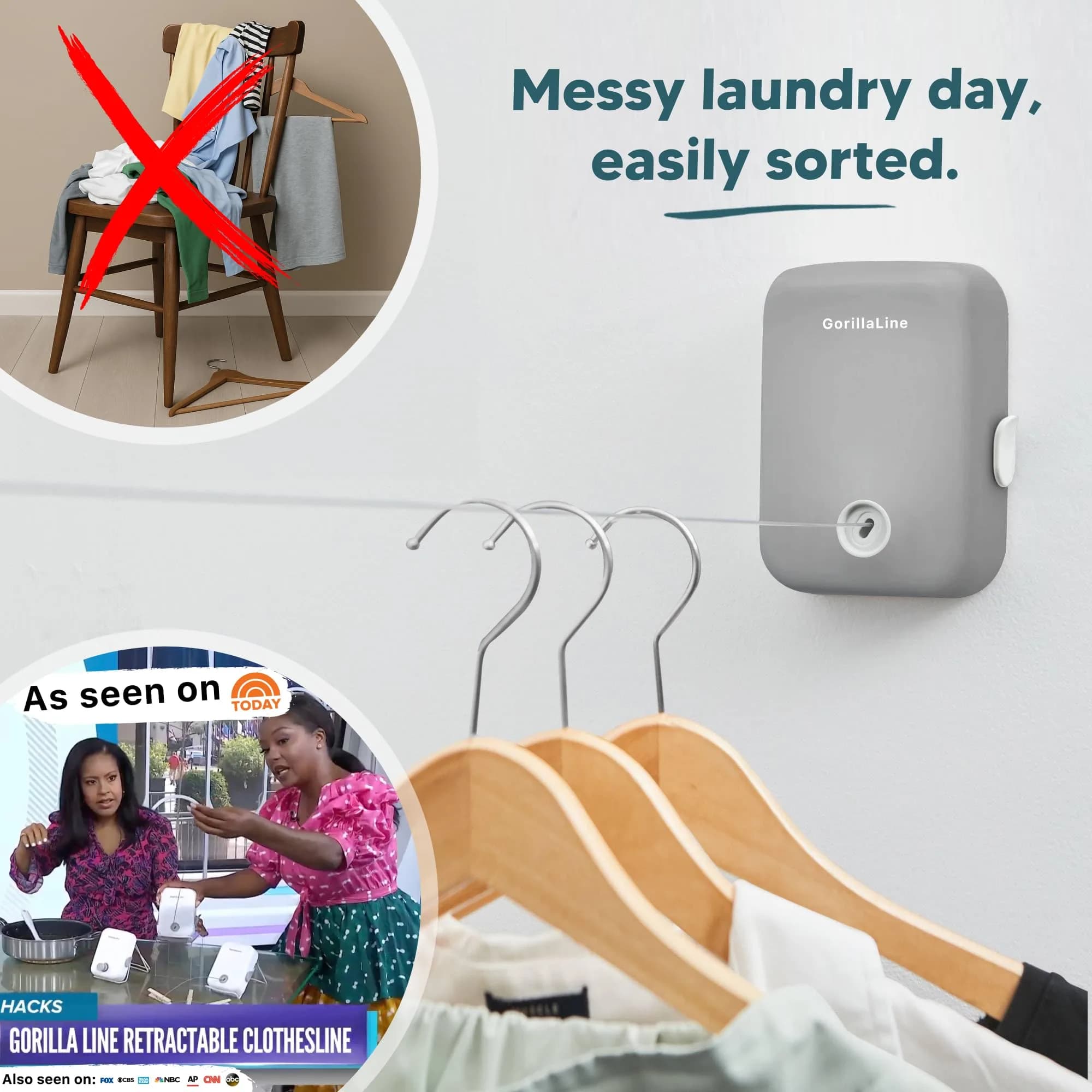 GorillaLine Retractable Clothesline 4.2 m (14.1 ft) | Heavy Duty Wall Mounted Drying Rack for Indoor & Outdoor Use - view 2
