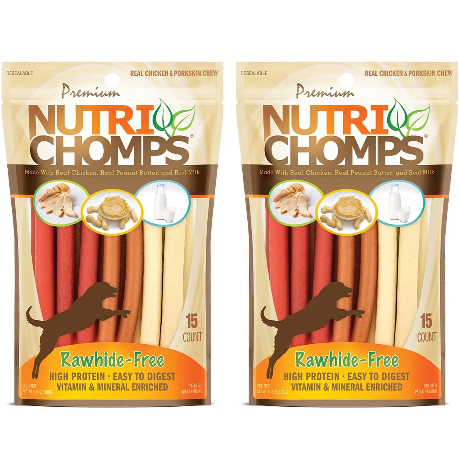 Nutri Chomps Rawhide Free Dog Chews, Chicken/PB/Milk, 15ct, 2pk | Digestible, Flavorful & Nutrient-Rich