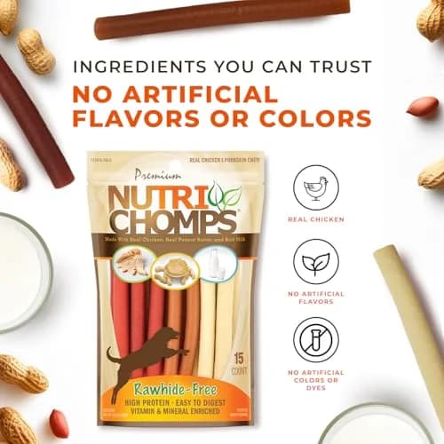 Nutri Chomps Rawhide Free Dog Chews, Chicken/PB/Milk, 15ct, 2pk | Digestible, Flavorful & Nutrient-Rich thumbnail 5
