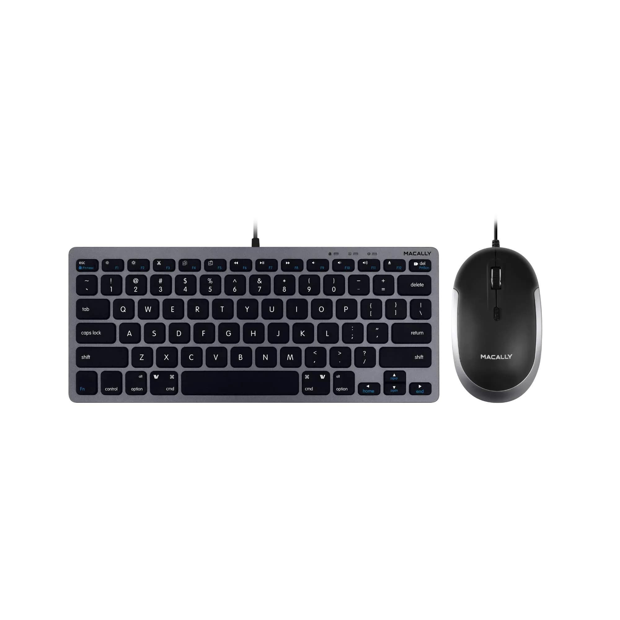 Macally Mini Wired Keyboard and Quiet Wired Mouse Combo, Space Grey | 78 Keys + 13 Apple Shortcuts