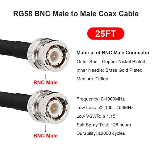 MOOKEERF RG58 BNC Cable 25ft (7.62m) Male to Male Coaxial Cable | Low Loss 50 Ohm for RF Radios & Antennas thumbnail 2