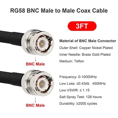 MOOKEERF RG58 BNC Male to Male Coaxial Cable 3ft (91cm) 2-Pack | Low Loss 50 Ohm Extension Cable for RF Radios & Antennas thumbnail 2