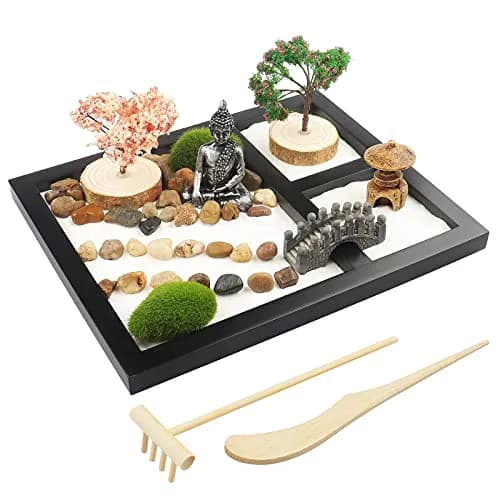 Melonva Sakura Budah Mini Zen Garden 9" x 7" | Desktop Meditation Decor with White Sand & Bonsai thumbnail 1