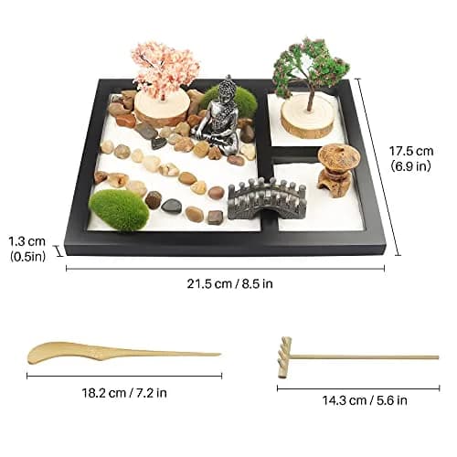 Melonva Sakura Budah Mini Zen Garden 9" x 7" | Desktop Meditation Decor with White Sand & Bonsai thumbnail 2