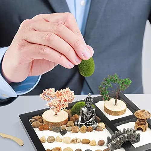 Melonva Sakura Budah Mini Zen Garden 9" x 7" | Desktop Meditation Decor with White Sand & Bonsai thumbnail 3